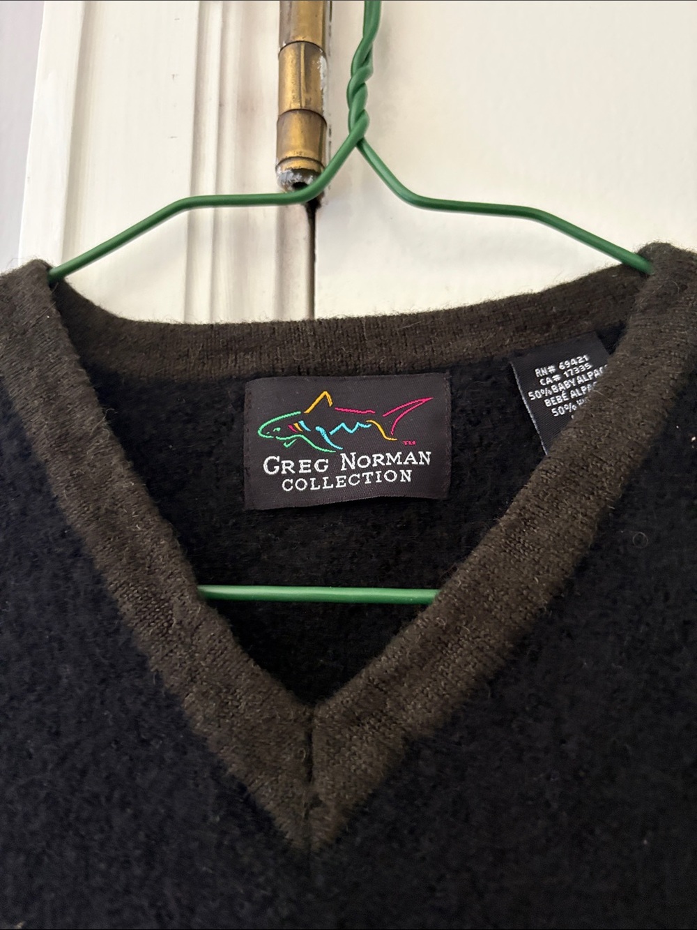 Greg Norman Collection Black V-Neck Sweater with Olive Trim
